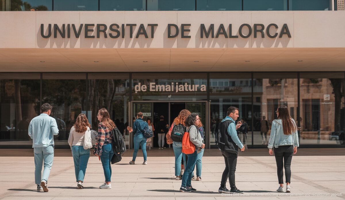 Außenansicht des Universitäts-Campus in Mallorca mit Studierenden
