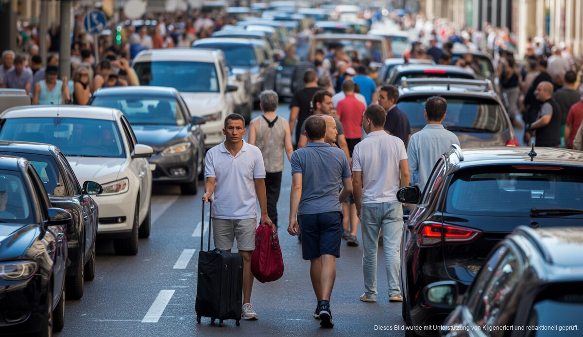 Mallorca plantiert strenge Gesetz zur Fahrzeugbegrenzung Verkehrsstau in Palma de Mallorca mit frustrierten Fußgängern und Fahrern