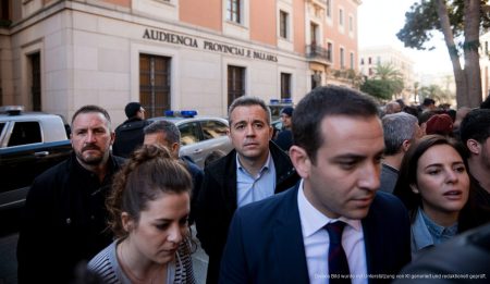 Versuchtes Verbrechen in Palma: Zwei Männer vor Gericht Die Audiencia Provincial de Baleares in Palma de Mallorca mit versammelten Menschen und Polizisten im Hintergrund
