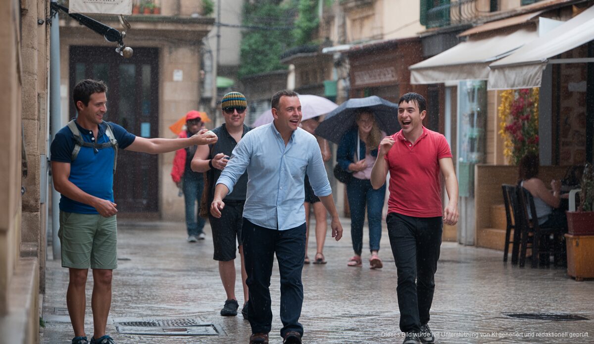Wetter auf Mallorca: Regenschauer und milde Temperaturen erwarten Sie Regnerische Szene in Palma de Mallorca mit traditionellen Cafés und Touristen.