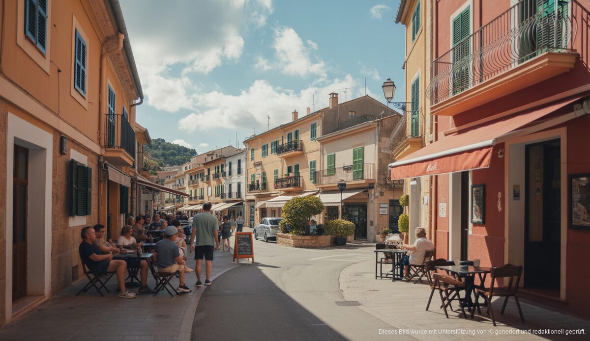 Wetter in Santanyí mit sonnigen und milden Temperaturen Santanyí unter einem klaren Himmel mit mediterraner Architektur und Menschen, die den Tag genießen