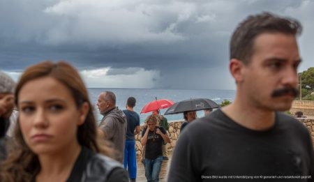 Sturmszene auf Mallorca mit dunklen Wolken und Regen über der Küste.