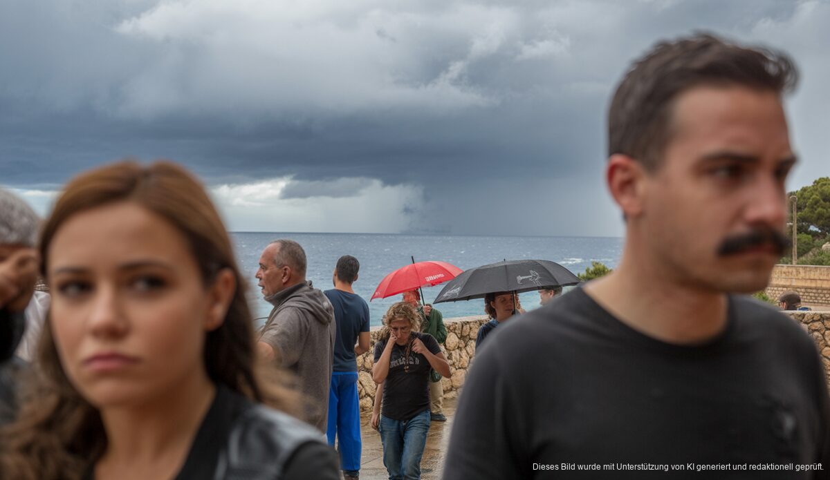Sturmszene auf Mallorca mit dunklen Wolken und Regen über der Küste.