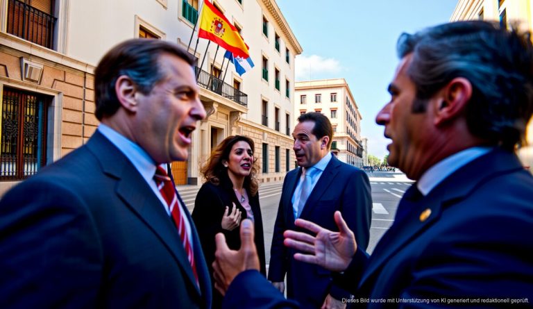 Baleares kritisieren 4%-Ausgabenregel des spanischen Regierungsvorschlags Regierungsgebäude in Palma de Mallorca mit spanischen und balearischen Flaggen, politische Diskussion