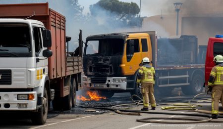 Löschmaßnahmen nach einem Lkw-Brand bei Mercapalma in Palma de Mallorca
