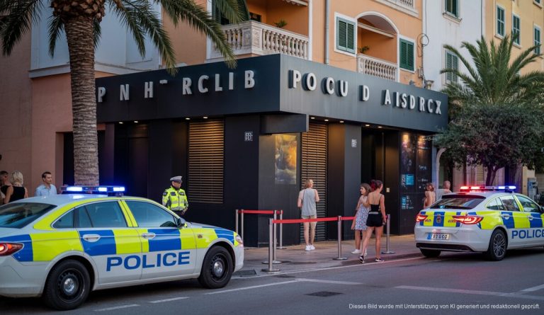 Clubschließung in Port d’Andratx: Mängel führen zum Aus Außenansicht des geschlossenen Nachtclubs M TWO in Port d'Andratx bei abendlicher Polizeiinspektion