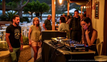 Deutscher DJ Klaus auf Mallorca unerwartet verstorben DJ-Equipment bleibt unberührt im Königgarten, Cala Rajada, Mallorca bei Sonnenuntergang