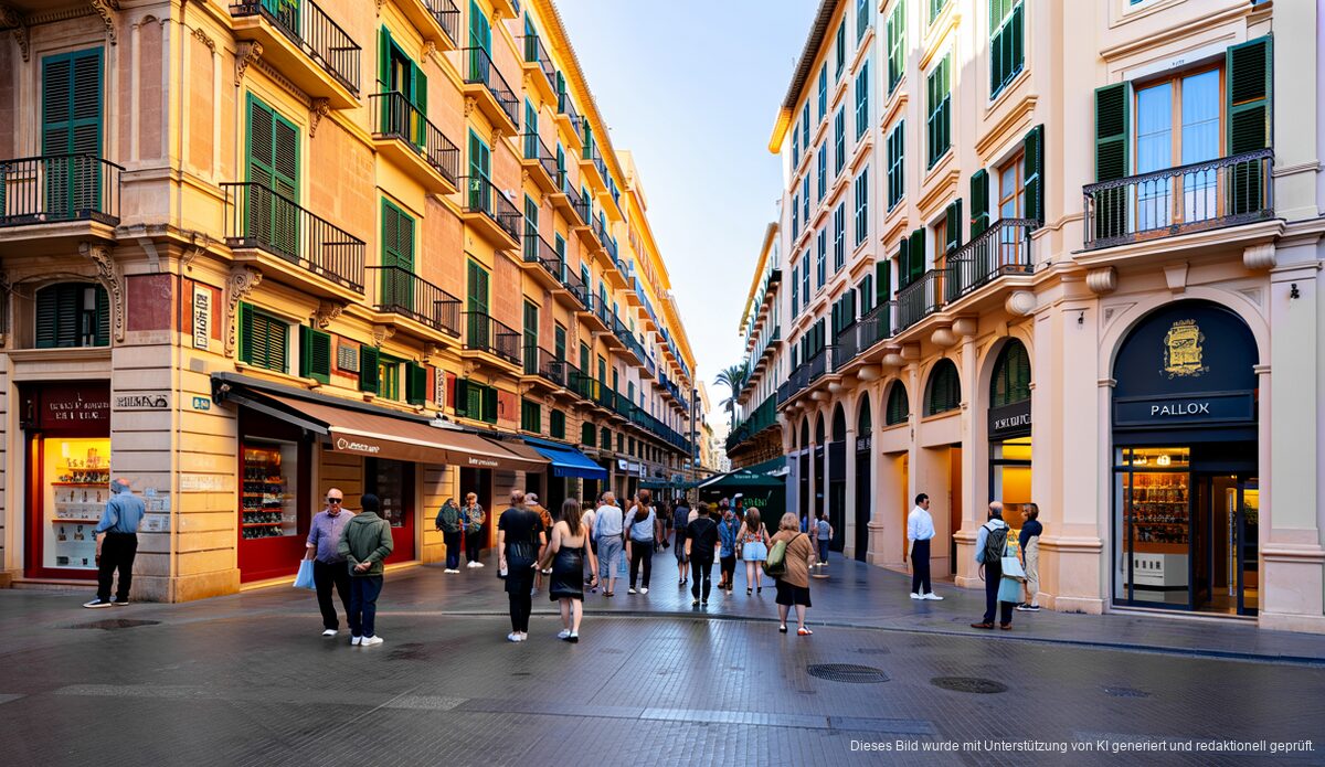 Mallorcas Widersprüche: Von Städtetourismus bis Wirbel um Werbung Blick auf Palma de Mallorca mit traditionellem Laden und modernen Werbungen