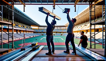 Erneuerung der Beleuchtung im Palau Municipal d’Esports in Palma Arbeiter installieren neue Beleuchtung im Palau Municipal d’Esports in Palma