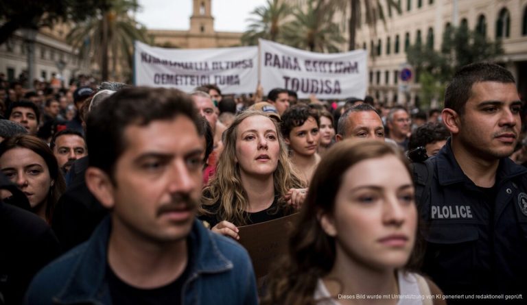 Festnahmen auf Mallorca: Tourismus-Proteste eskalieren weiter Kundgebung gegen Tourismus auf Mallorca mit Protestierenden und Polizei