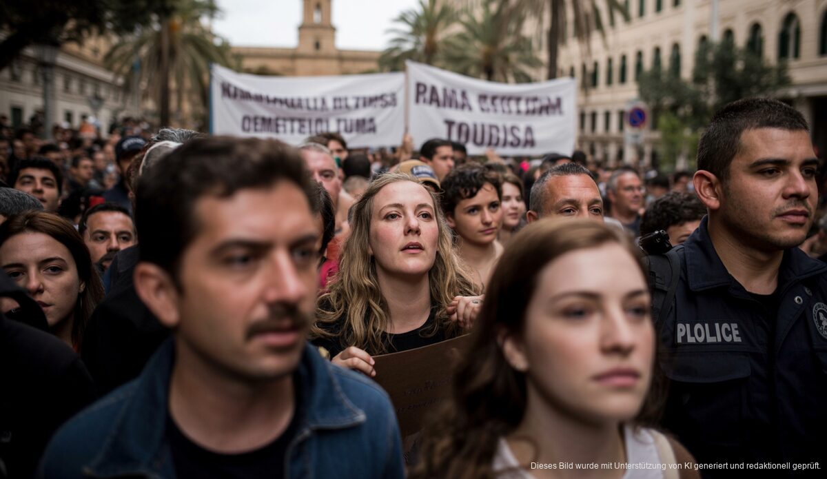 Festnahmen auf Mallorca: Tourismus-Proteste eskalieren weiter Kundgebung gegen Tourismus auf Mallorca mit Protestierenden und Polizei