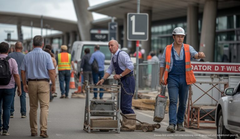 Palma Flughafen kritisch: Infrastruktur der Balearen in der Debatte Flughafen Palma de Mallorca mit Bauarbeiten und Arbeitern