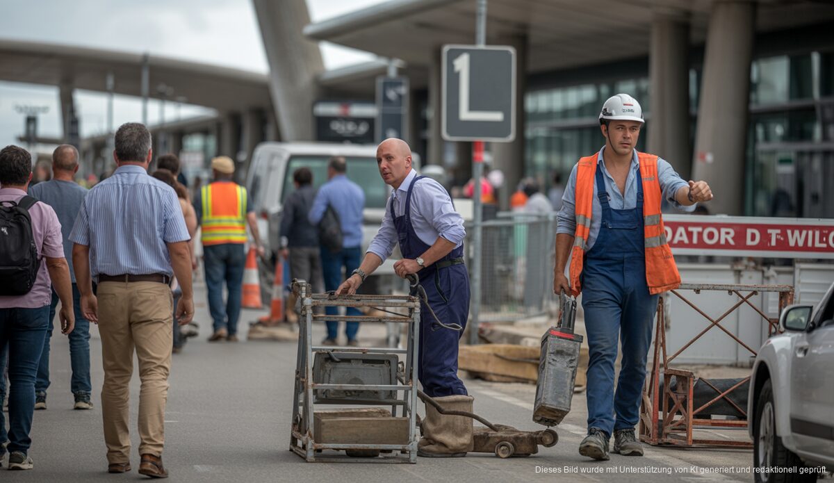 Flughafen Palma de Mallorca mit Bauarbeiten und Arbeitern