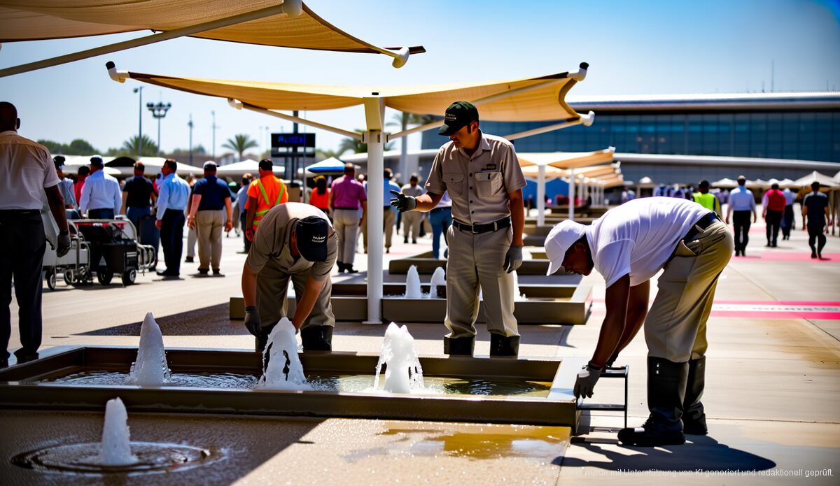 Maßnahmen gegen Hitze und Überlastung am Flughafen Palma de Mallorca Bauarbeiten am Flughafen Palma de Mallorca mit Fokus auf Wasserstellen und Schattenspender
