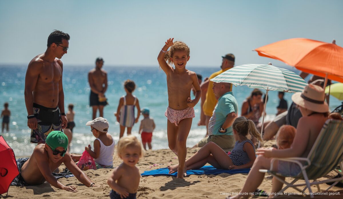 Heißer Sommertag auf Mallorca: Temperaturen bis zu 37,8 Grad Strand in Palma de Mallorca bei heißem Sommerwetter mit Badegästen und Sonnenschirmen