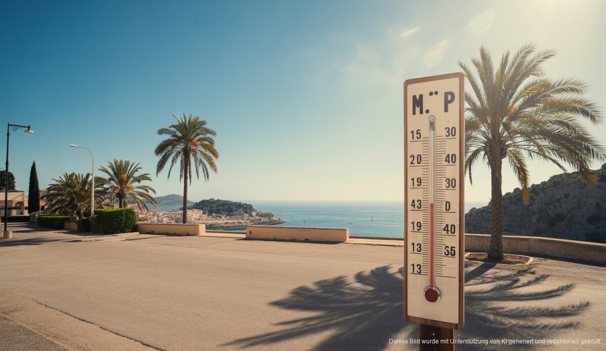 Heiße Temperaturen und Wetterwarnungen auf Mallorca Heißer Sommertag auf Mallorca mit Sonne, blauen Himmel und Palmen