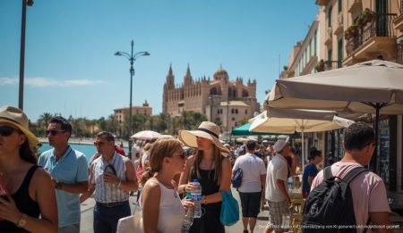 Hitze- und Regenwarnungen für Mallorca am Wochenende Touristen auf einer sonnigen Straße in Palma de Mallorca bei Hitze und Sonne, schattige Cafés
