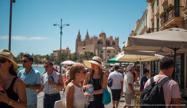 Touristen auf einer sonnigen Straße in Palma de Mallorca bei Hitze und Sonne, schattige Cafés