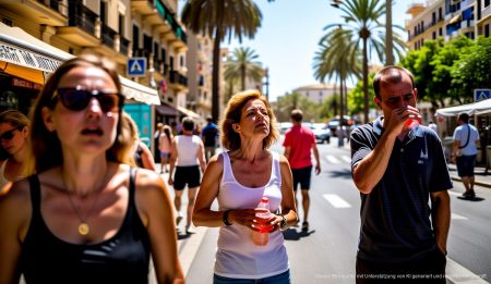 Menschen auf einer Straße in Palma de Mallorca bei intensiver Hitze