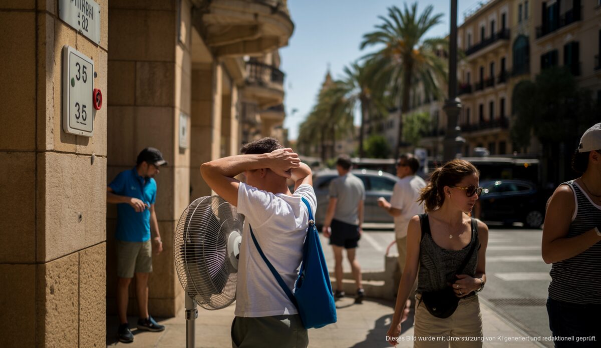 Hitzewelle auf Mallorca: Steigende Temperaturen und extreme Warnungen Mallorca Hitzewelle mit starkem Sonnenschein und Bewohnern, die im Schatten stehen.