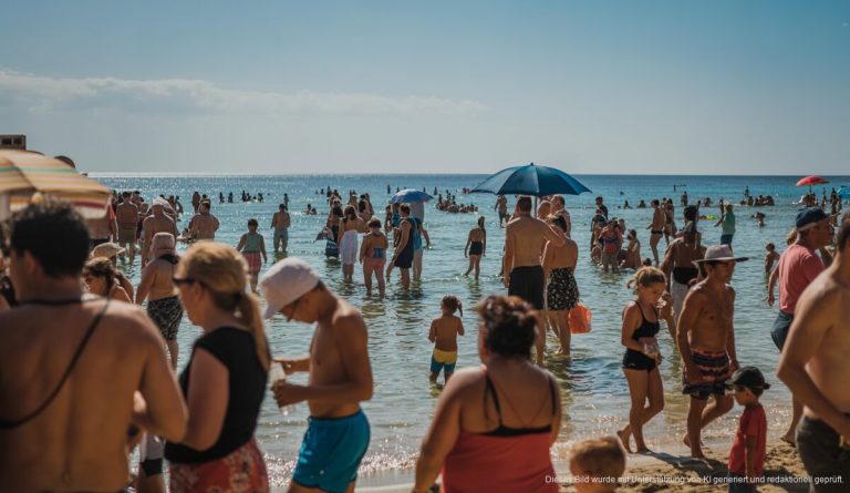 Hitzewelle erreicht Mallorca: Vorsicht vor hohen Temperaturen Touristen suchen Schatten unter Schirmen an Mallorcas Stränden während einer Hitzewelle.