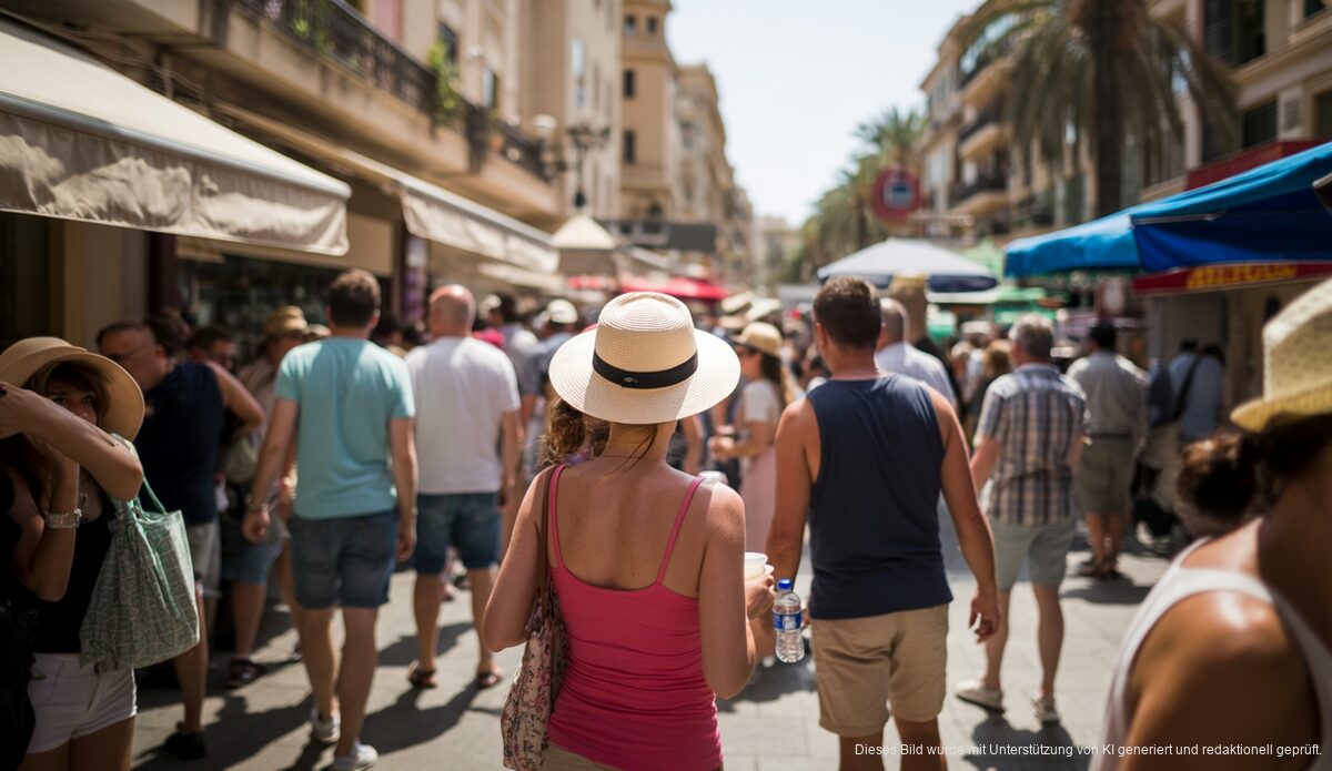 Hitzewelle trifft Mallorca: Hohe Temperaturen und geringe Regenwahrscheinlichkeit Sommerhitze in Palma de Mallorca mit Stadtbewohnern und Touristen in der Sonne
