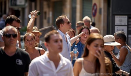 Hitzewelle auf Mallorca: Temperaturen erreichen Rekordwerte Menschen in Palma de Mallorca bei hohen Temperaturen, Schatten suchend.