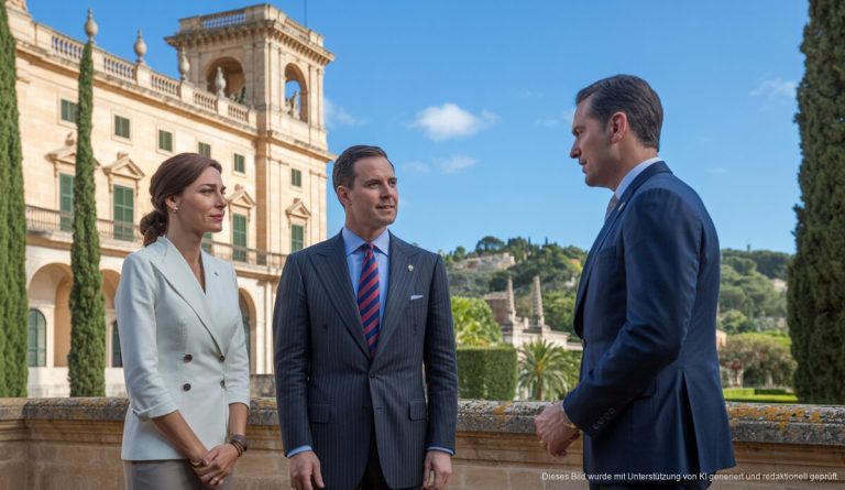 Felipe VI trifft Prohens und Le Senne auf Mallorca König Felipe VI im Gespräch mit Marga Prohens und Gabriel Le Senne vor dem Palacio Real de la Almudaina auf Mallorca
