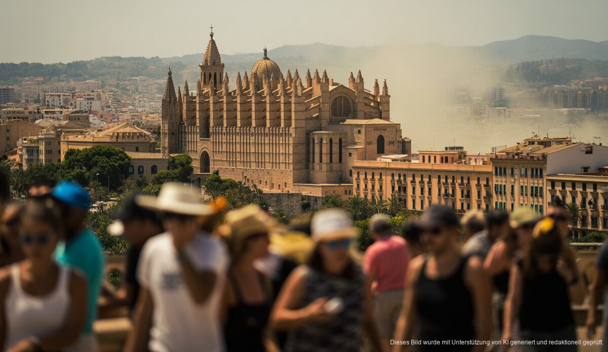 Mallorca kämpft mit Rekordhitze: Gefahr von 50 Grad Heißer Sommertag in Palma de Mallorca mit staubiger Luft und blendendem Sonnenlicht
