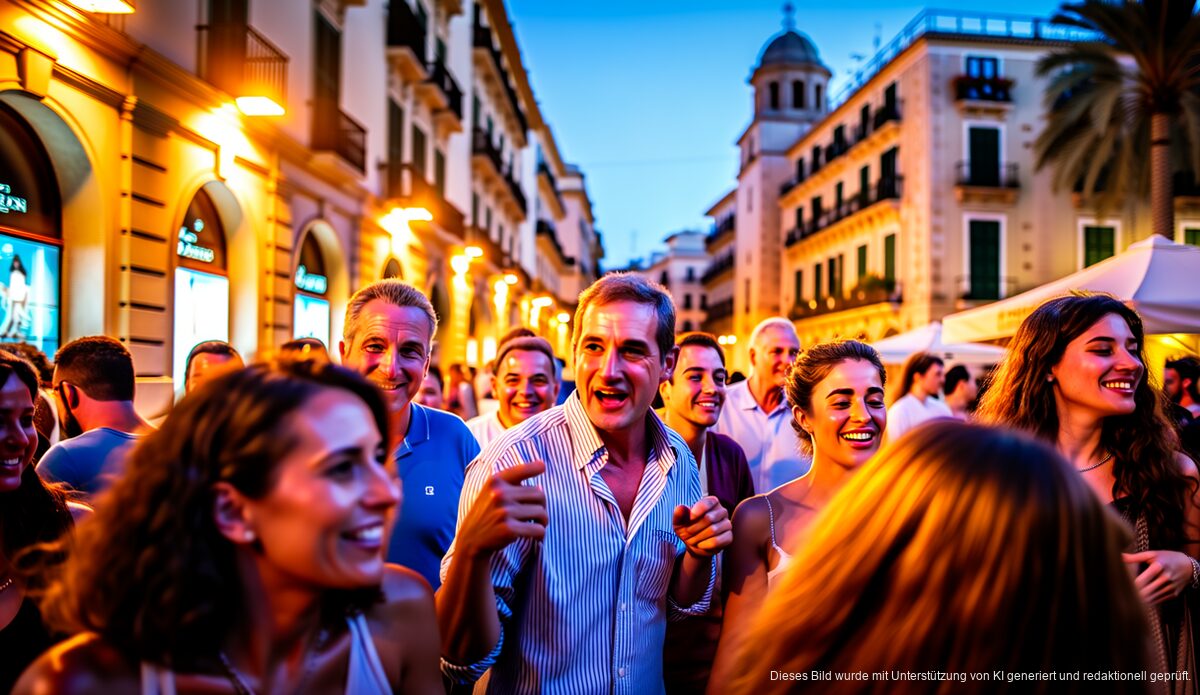 Straßenszene in Palma de Mallorca bei Dämmerung, lokale und Touristen mischen sich