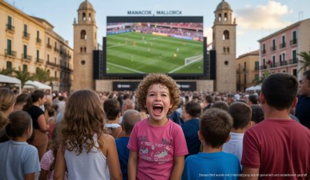 Manacor zeigt trotz Spannungen das WM-Finale auf Großbildschirm Großleinwand zeigt das WM-Finale in Manacor, Mallorca, mit jubelnden Zuschauern.