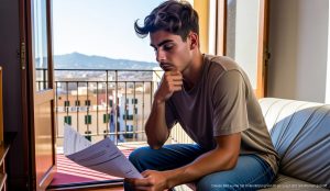 Herausforderung der Mietpreishilfe auf Mallorca bleibt bestehen Junger Mieter in einfacher Wohnung auf Mallorca mit Dokumenten
