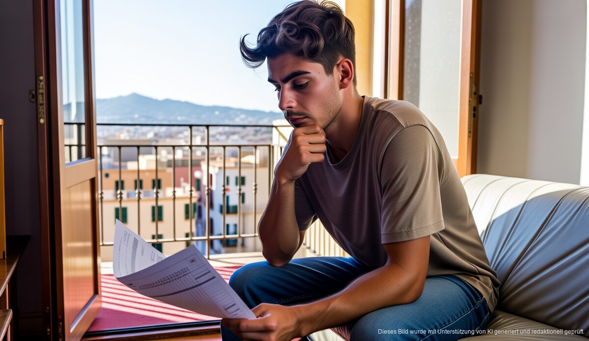 Herausforderung der Mietpreishilfe auf Mallorca bleibt bestehen Junger Mieter in einfacher Wohnung auf Mallorca mit Dokumenten