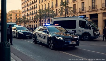 Moderne Polizeifahrzeuge in Palma de Mallorca bei einer urbanen Veranstaltung