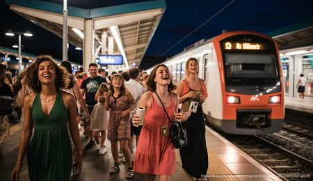 SFM bietet erstmals Nachtzüge zum Orgullosament Inca Festival an Nachtzugstation in Mallorca während des Orgullosament Inca Festivals mit festlicher Menschenmenge