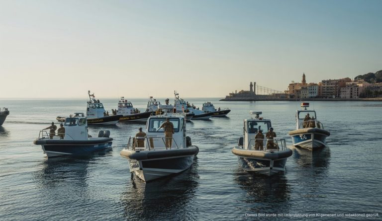 Patrouillenboote sichern Sonnenfinsternis in den Balearen Patrouillenboote in balearischen Gewässern bei Tagesanbruch zur Sicherung der Sonnenfinsternis