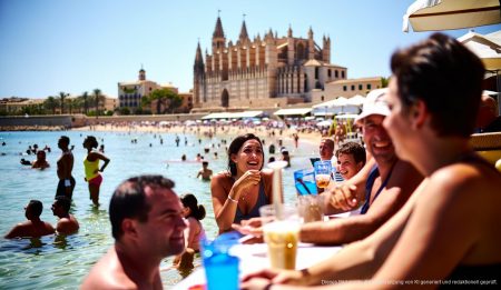 Menschen genießen einen sonnigen Sommertag am Strand von Palma de Mallorca.