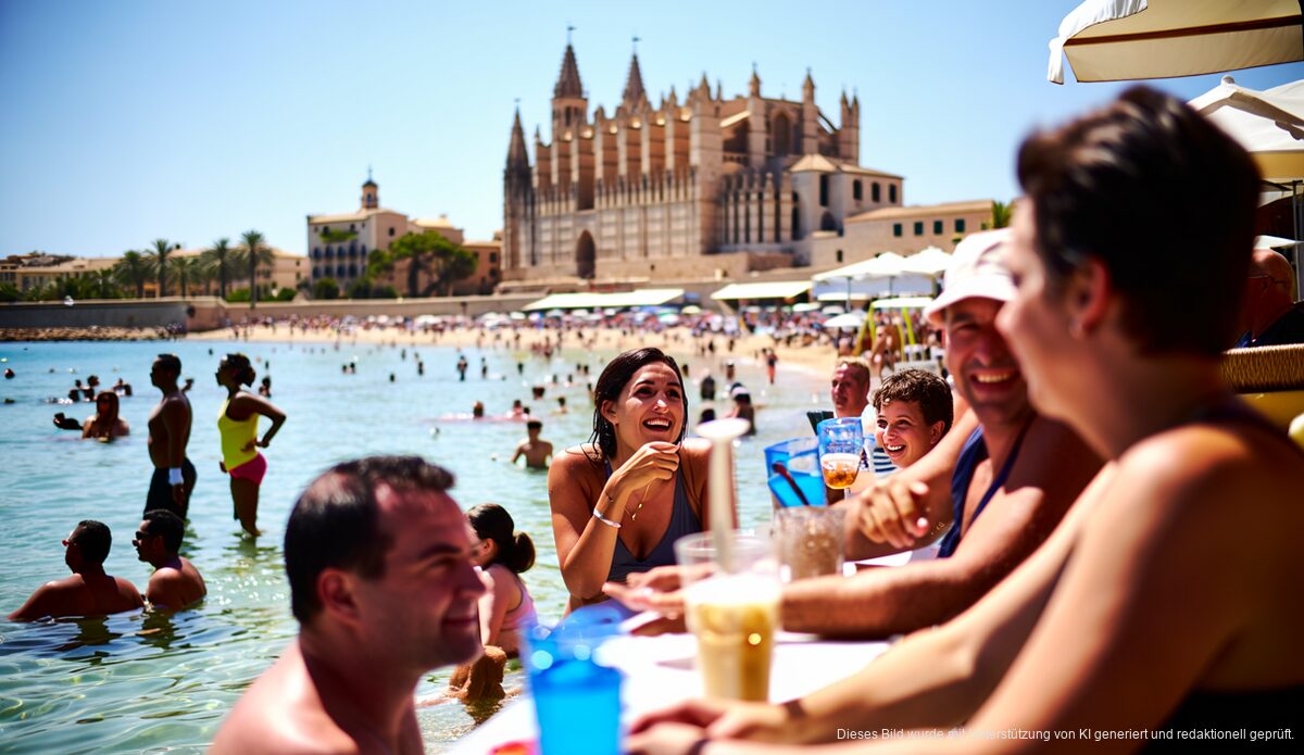 Perfektes Sommerwetter auf Mallorca: Temperaturen und Prognose Menschen genießen einen sonnigen Sommertag am Strand von Palma de Mallorca.
