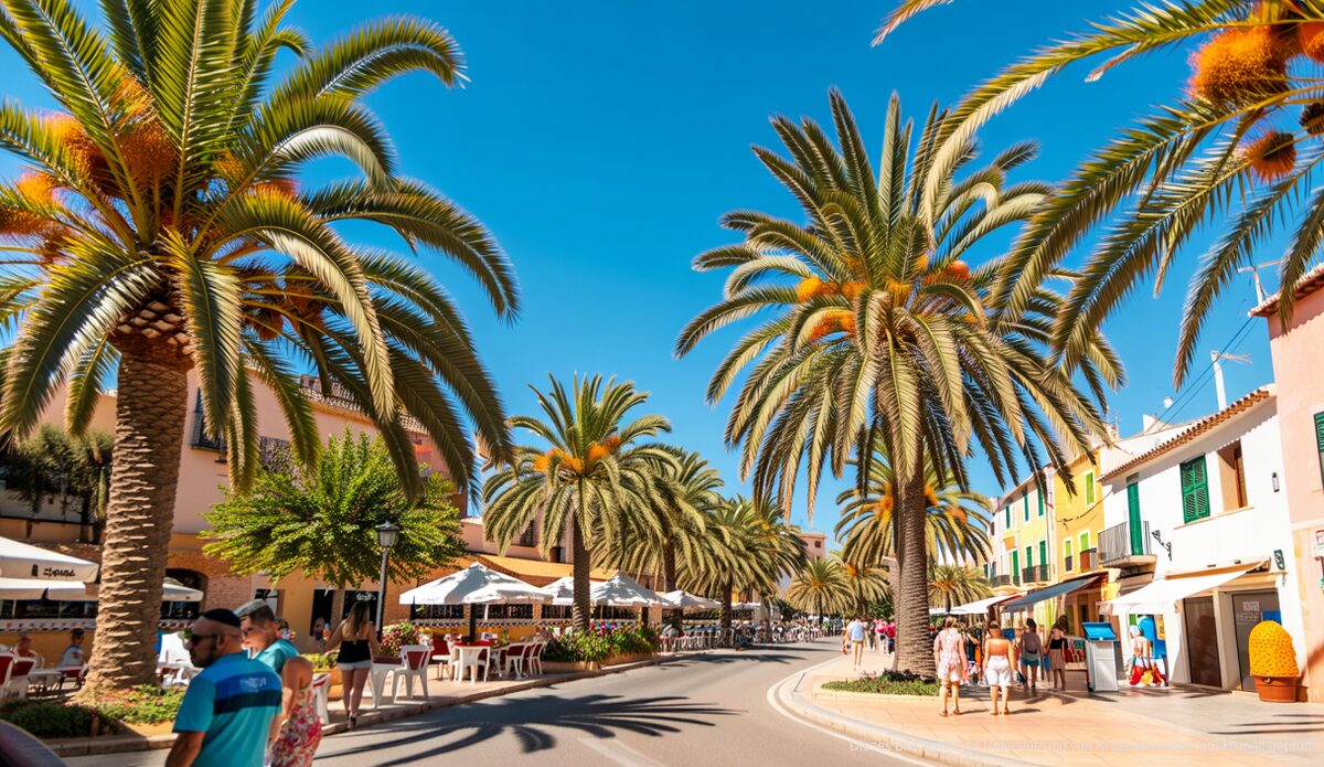 Perfektes Sommerwetter in Santanyí: Strahlender Sonnenschein und milde Temperaturen Strahlender Sommertag in Santanyí, Mallorca, mit klarem Himmel und Palmen.