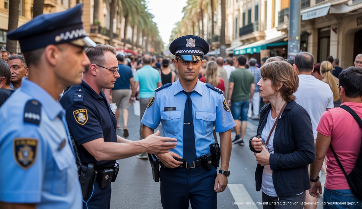 Polizisten zeigen Präsenz auf der Schinkenstraße in Palma, Mallorca