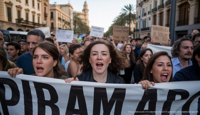 Proteste gegen Mallorcas Tourismus eskalieren: Aktuelle Entwicklungen und Forderungen Protest gegen Tourismus in Palma de Mallorca vor einem historischen Gebäude