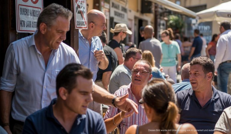Kontroverse um neues Rauchverbot auf Mallorca entfacht Terrasse auf Mallorca mit Restaurantbesitzern, die mit Gästen diskutieren
