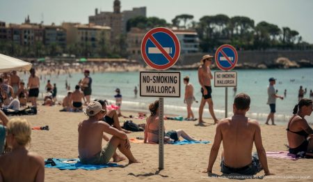 Rauchverbot an Stränden auf Mallorca ausgeweitet Strand auf Mallorca mit einem Rauchverbotsschild im Vordergrund
