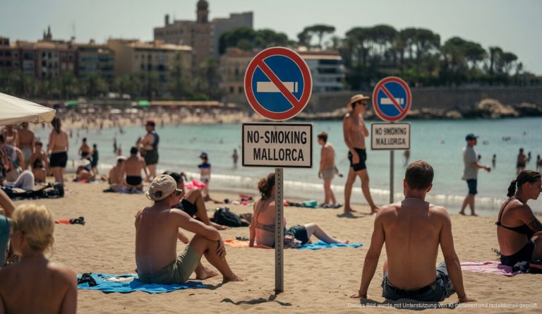 Rauchverbot an Stränden auf Mallorca ausgeweitet Strand auf Mallorca mit einem Rauchverbotsschild im Vordergrund
