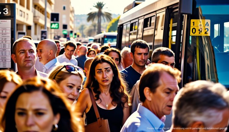 Busbahnhof auf Mallorca mit Passagieren in der Mittagssonne