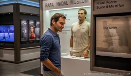 Roger Federer im renovierten Rafa Nadal Museum auf Mallorca, besichtigt Big 3 Raum