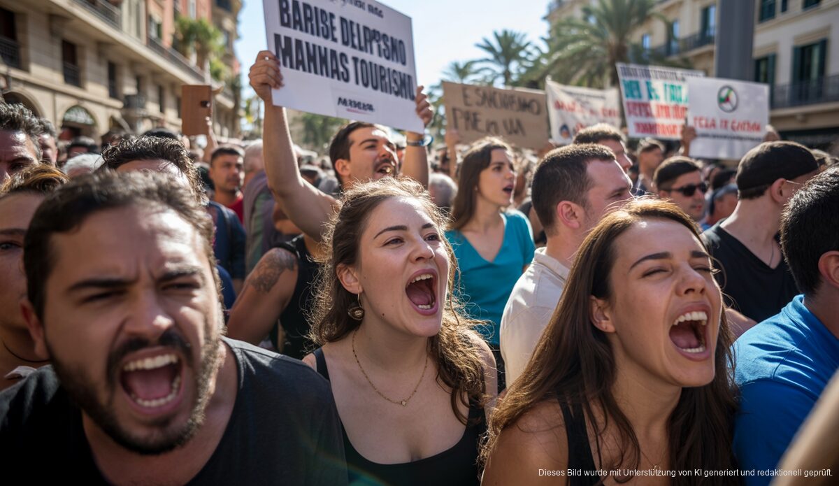 Rosario Sánchez sorgt für Kontroversen durch Unterstützung der Anti-Tourismus-Demonstration Protestierende mit Schildern in Palma de Mallorca während einer Anti-Tourismus-Demonstration.