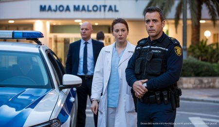 Nachtaufnahme eines Krankenhauses mit Polizei auf Mallorca im Zusammenhang mit einem Kriminalfall