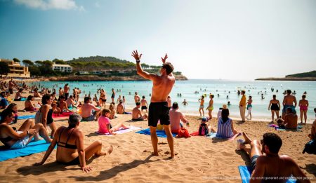 Strandtag in Santa Ponsa mit klarem Himmel und belebtem Sandstrand auf Mallorca