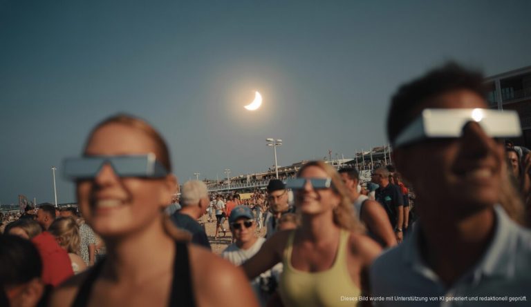 Besucher an der Playa de Palma während einer Sonnenfinsternis mit speziellen Brillen.